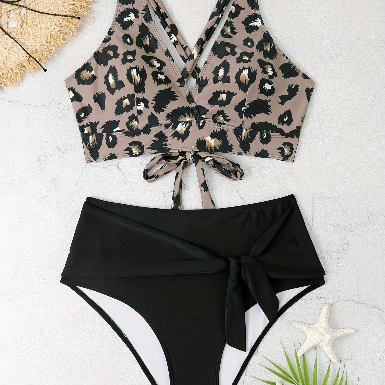  Sexy Bikini Set Women's Plus Leopard Print Wrap V Neck Lace Up Back