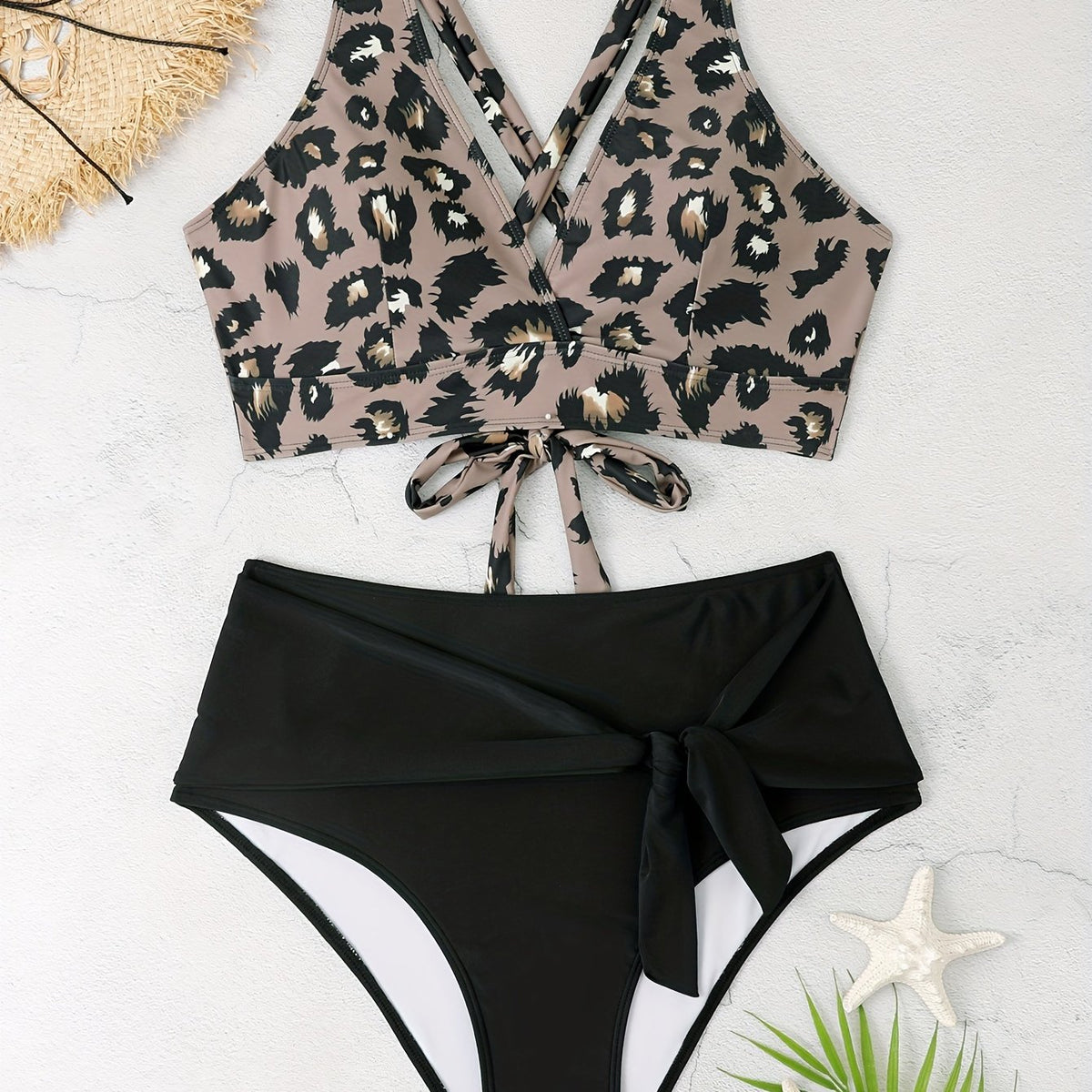  Sexy Bikini Set Women's Plus Leopard Print Wrap V Neck Lace Up Back