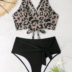  Sexy Bikini Set Women's Plus Leopard Print Wrap V Neck Lace Up Back