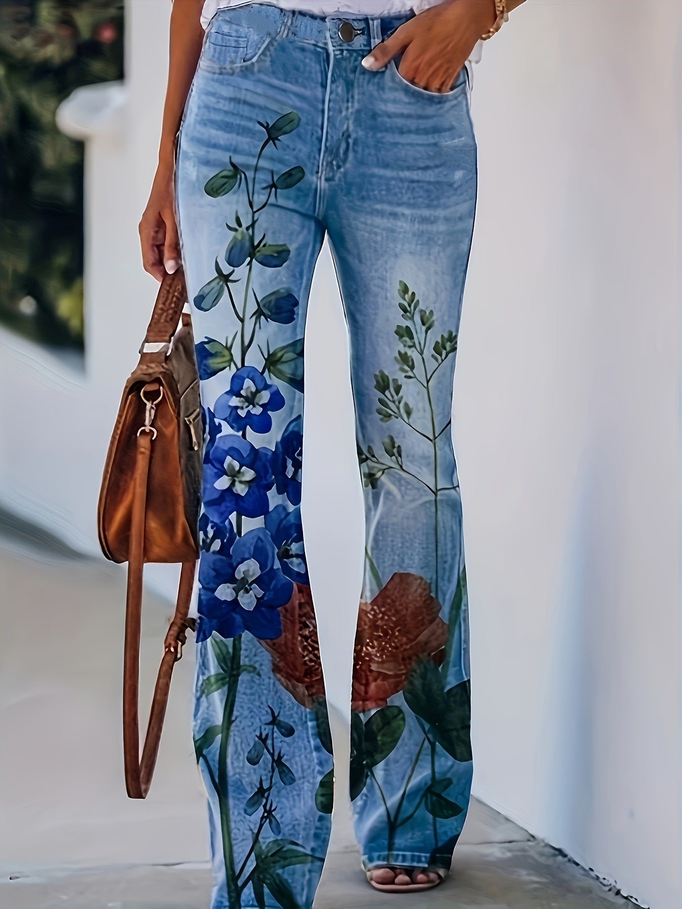  Women's Floral & Denim Print Flared Leg Trousers