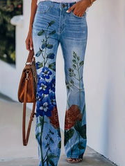  Women's Floral & Denim Print Flared Leg Trousers