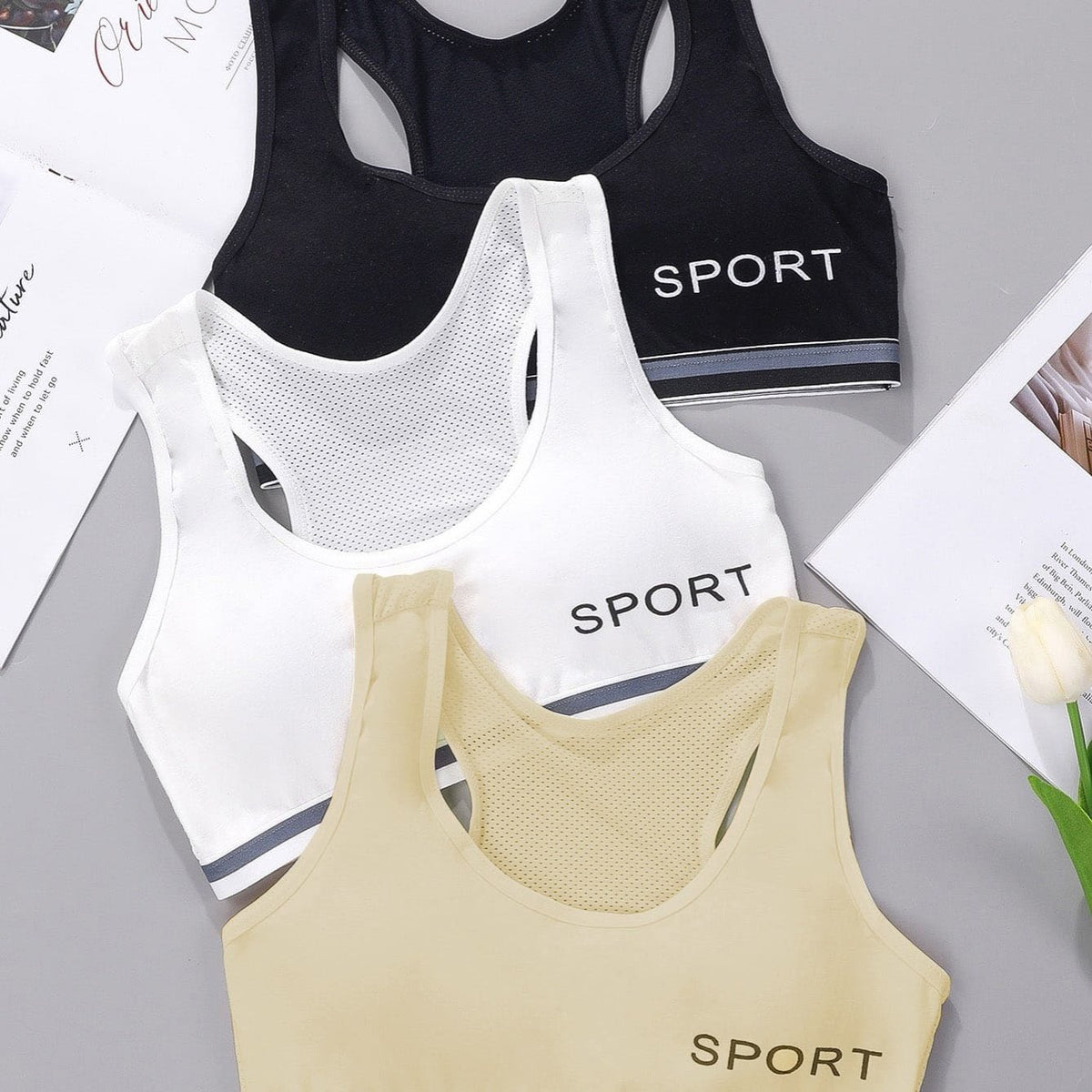 3-pack Girls Cotton Sports Bra Built-Up Stretch