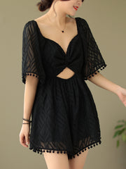 Pom Trim Cut Out Romper Jumpsuit Beach Short Sleeve Romper Jumpsuit