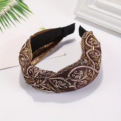 Embroidered Knot Decor Hair Hoop Wide Hair Band Floral Pattern Headband