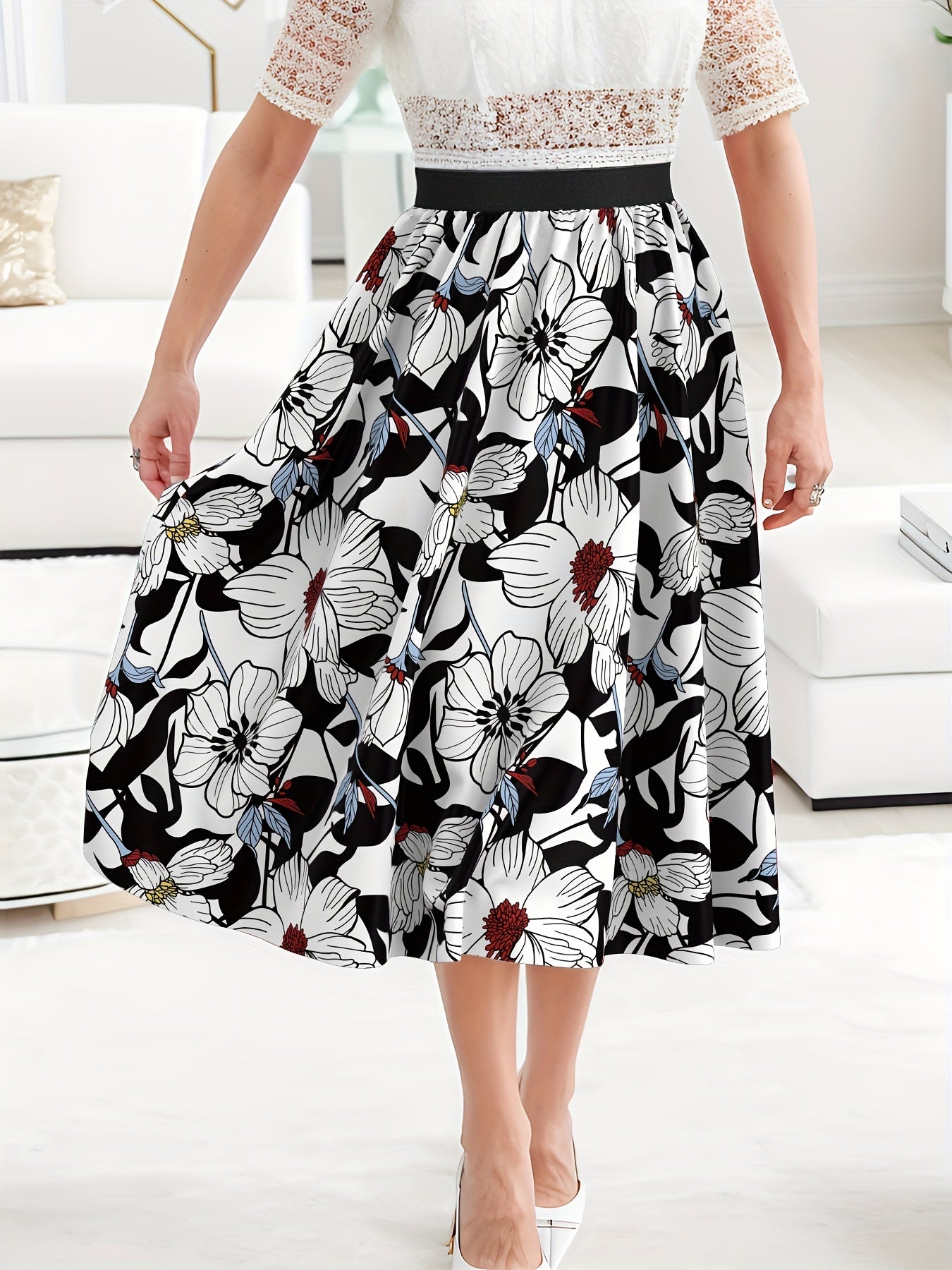 Floral Print Maxi Skirt High Rise Elastic Waist Plus Size