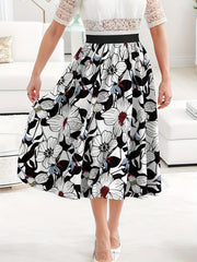 Floral Print Maxi Skirt High Rise Elastic Waist Plus Size