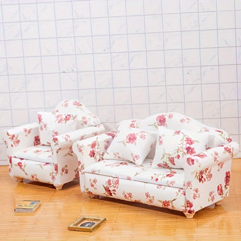 Pink Floral Mini Sofa Set with Cushions for Dollhouse