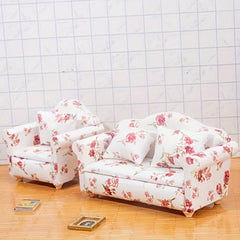 Pink Floral Mini Sofa Set with Cushions for Dollhouse