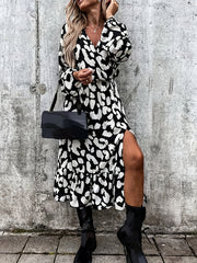  Leopard Print Maxi Dress V Neck Side Split Lantern Sleeve