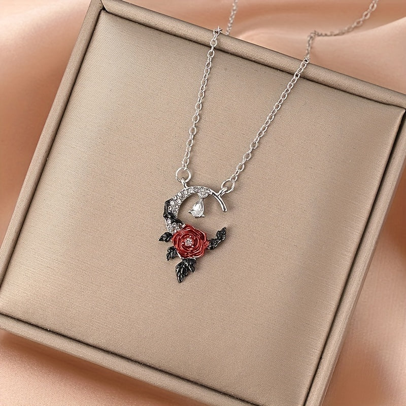 Red Flower Rhinestone Men's Pendant, Creative Crescent Design