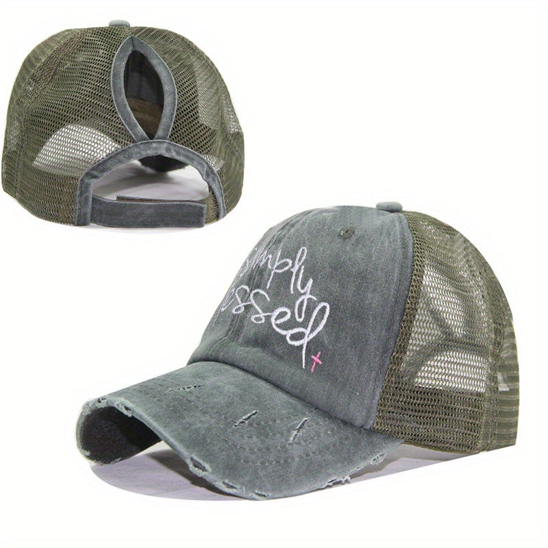 Blessed Ponytail Trucker Hat Embroidered Ripped Washed Distressed Baseball Cap
