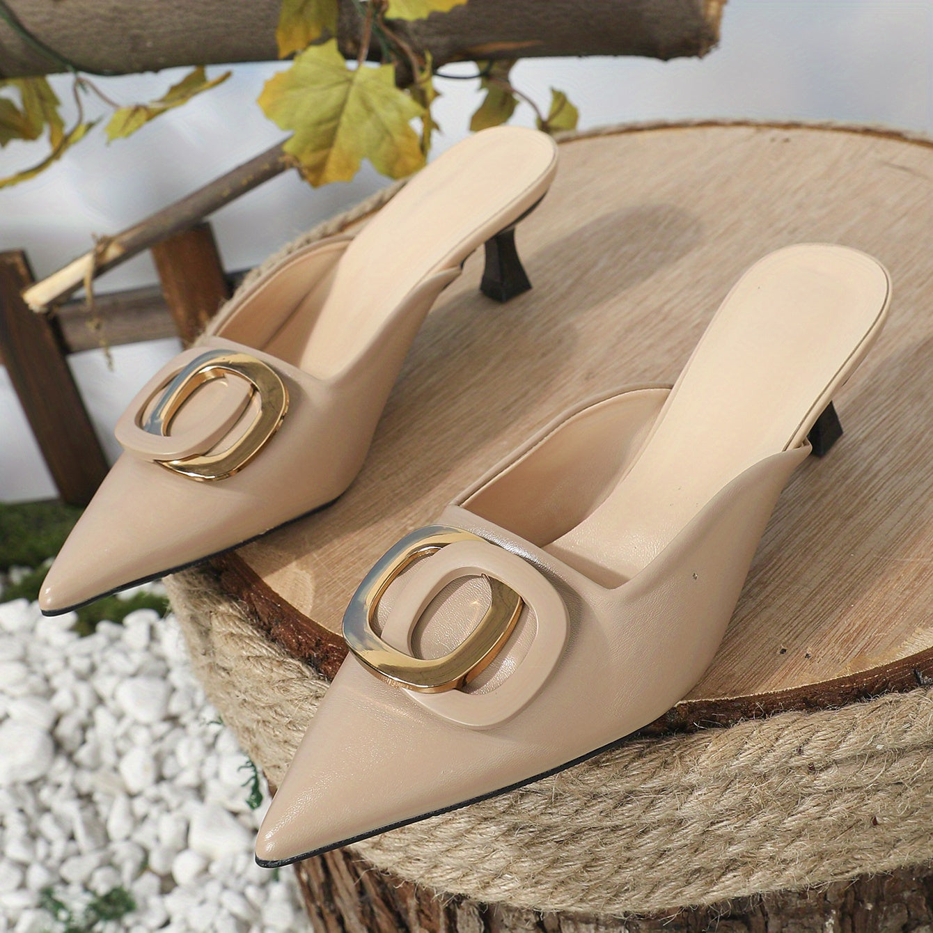 Women's Buckle Slingback Kitten Heels Pointed Toe Slip On Sandals