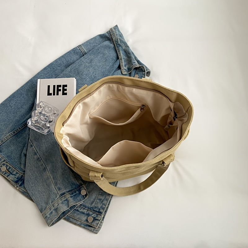 Large Capacity Canvas Tote Bag with Pockets and Zipper