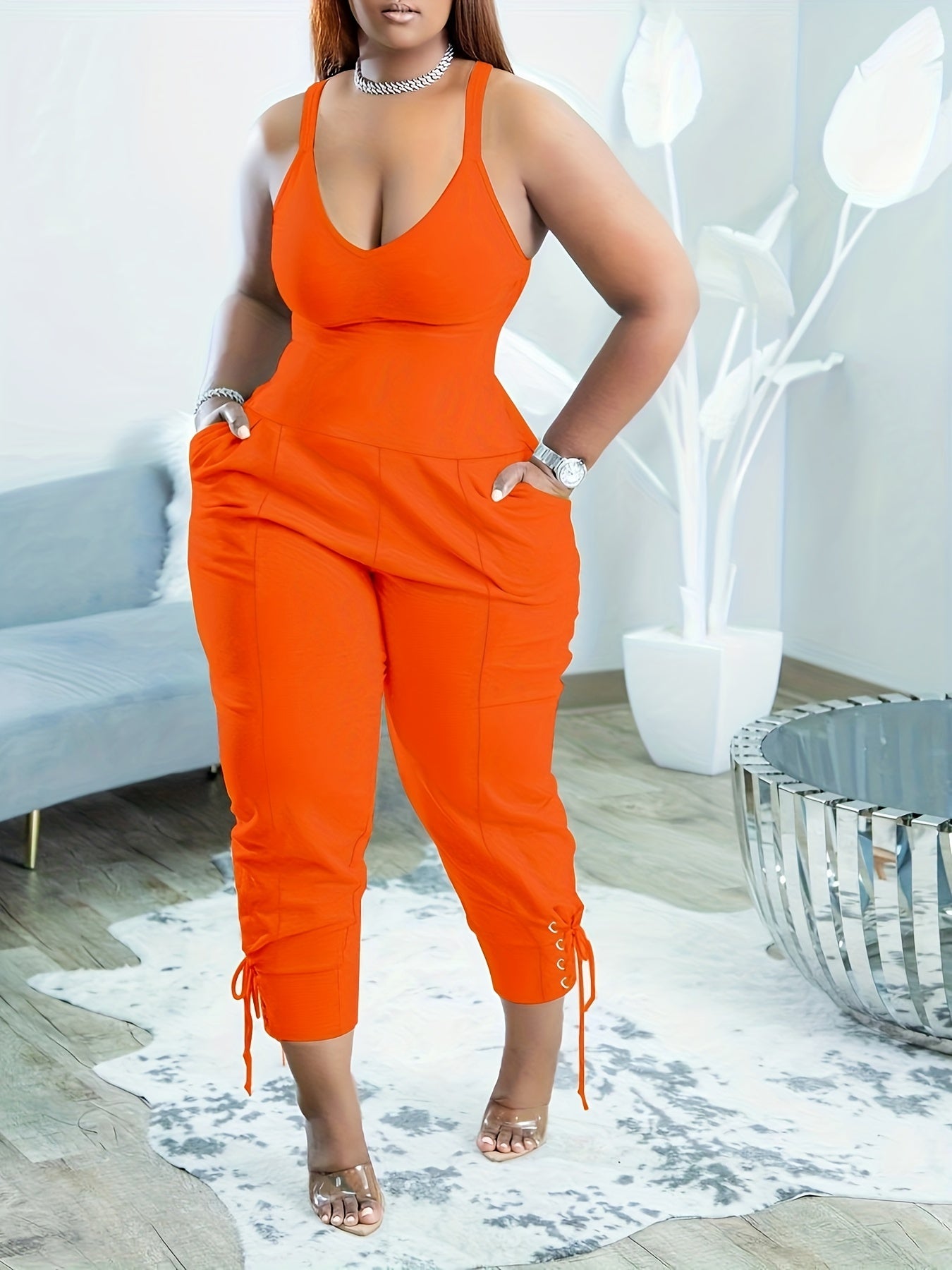 Patch Pocket Drawstring Jumpsuit Casual Sleeveless Jumpsuit