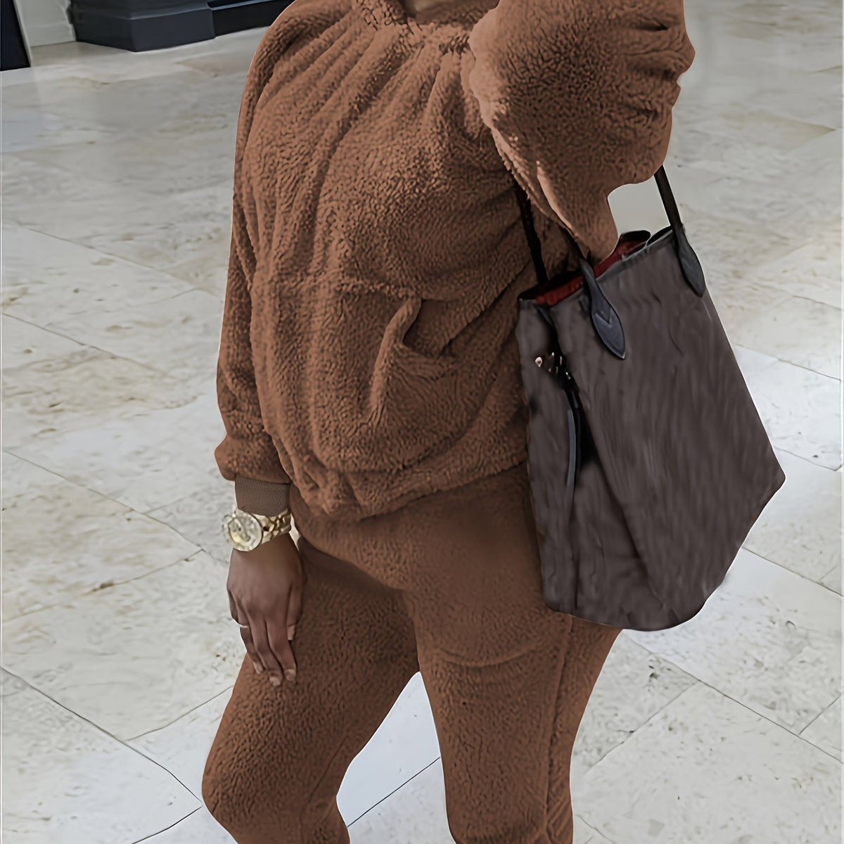  Teddy Fleece Hooded Sweatshirt & Joggers Set