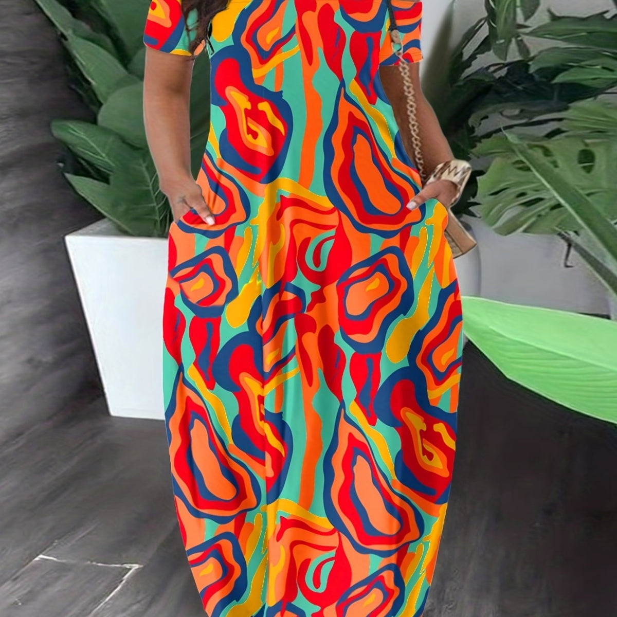 Women's Plus Colorblock Abstract Print Off Shoulder Maxi Dress With Pockets