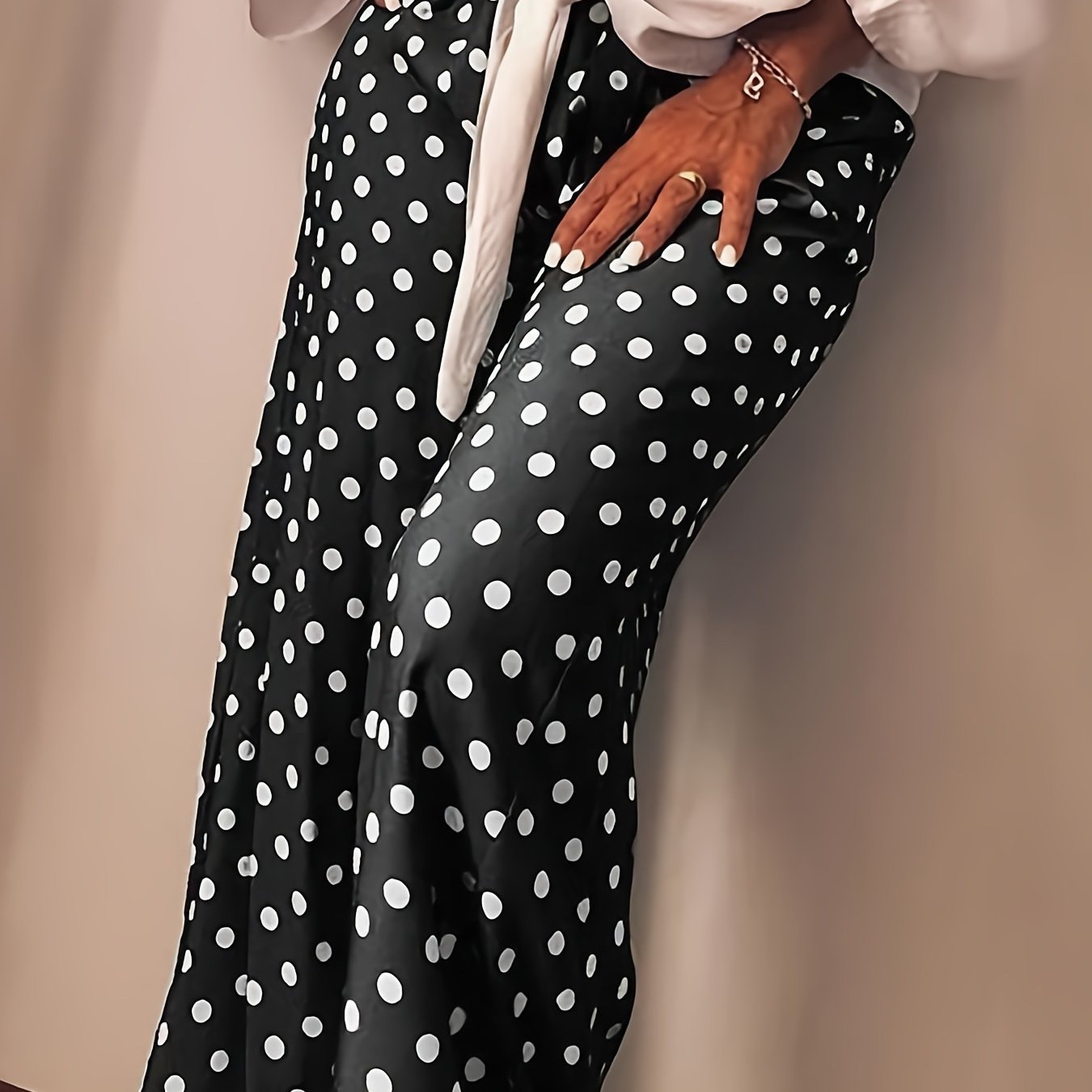 Plus Dot Print Elastic High Rise Wide Leg Trousers