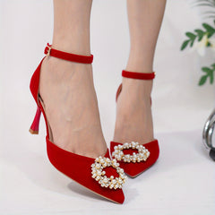 Pearl & Rhinestone Stiletto Heels Point Toe Pumps Wedding Shoes