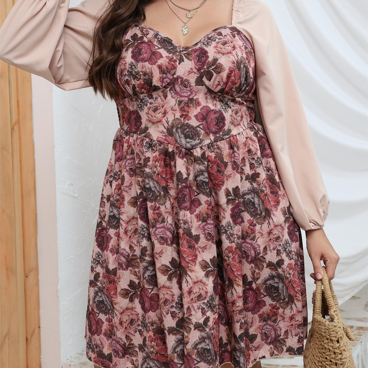  Casual Dress Women's Plus Lantern Sleeve Sweetheart Neck Dress
