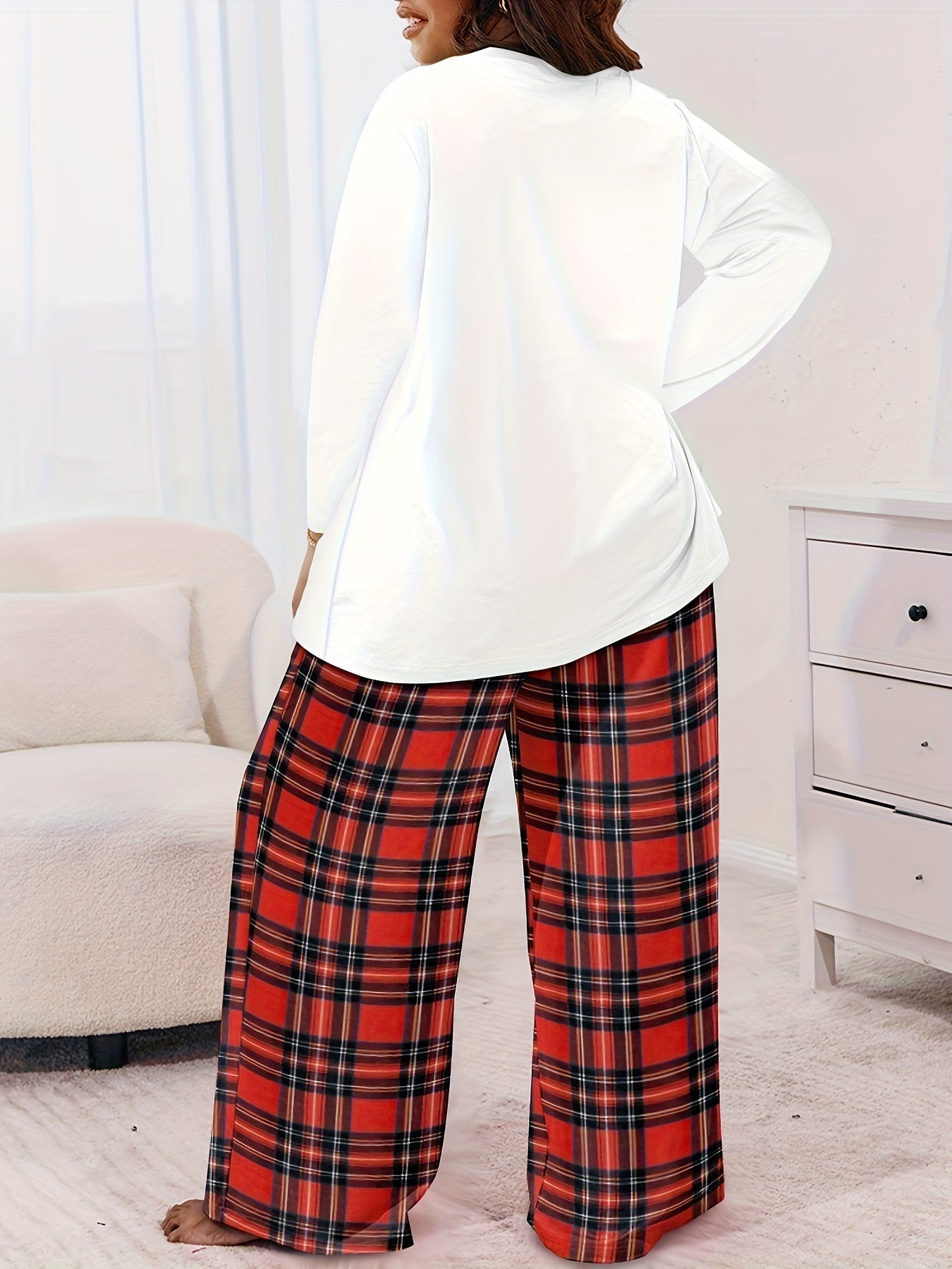  Plaid Heart Print Tee & Wide Leg Pants Pajama Set