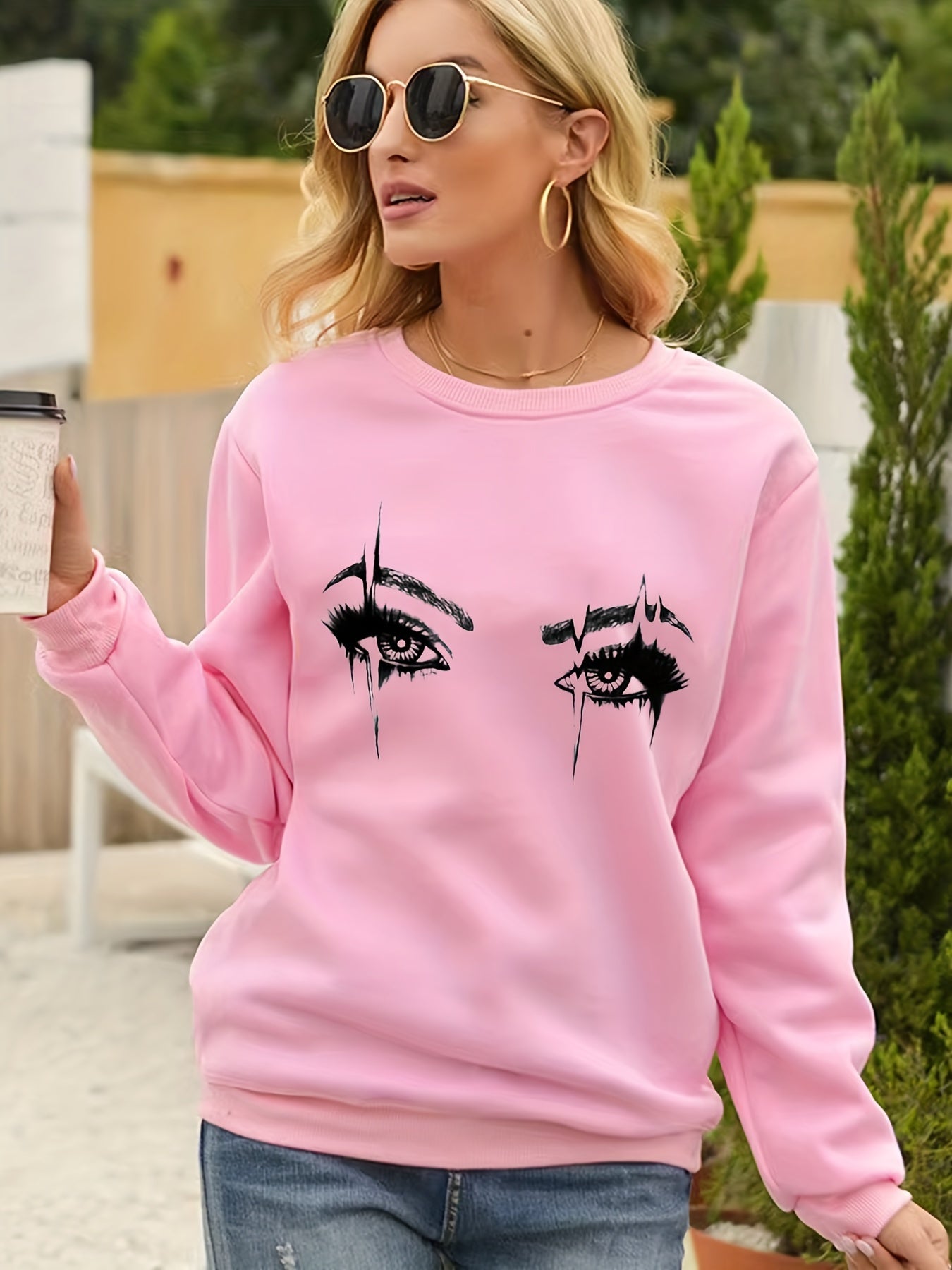 Eye Print Sweatshirt Crew Neck Casual Long Sleeve for Fall & Winter