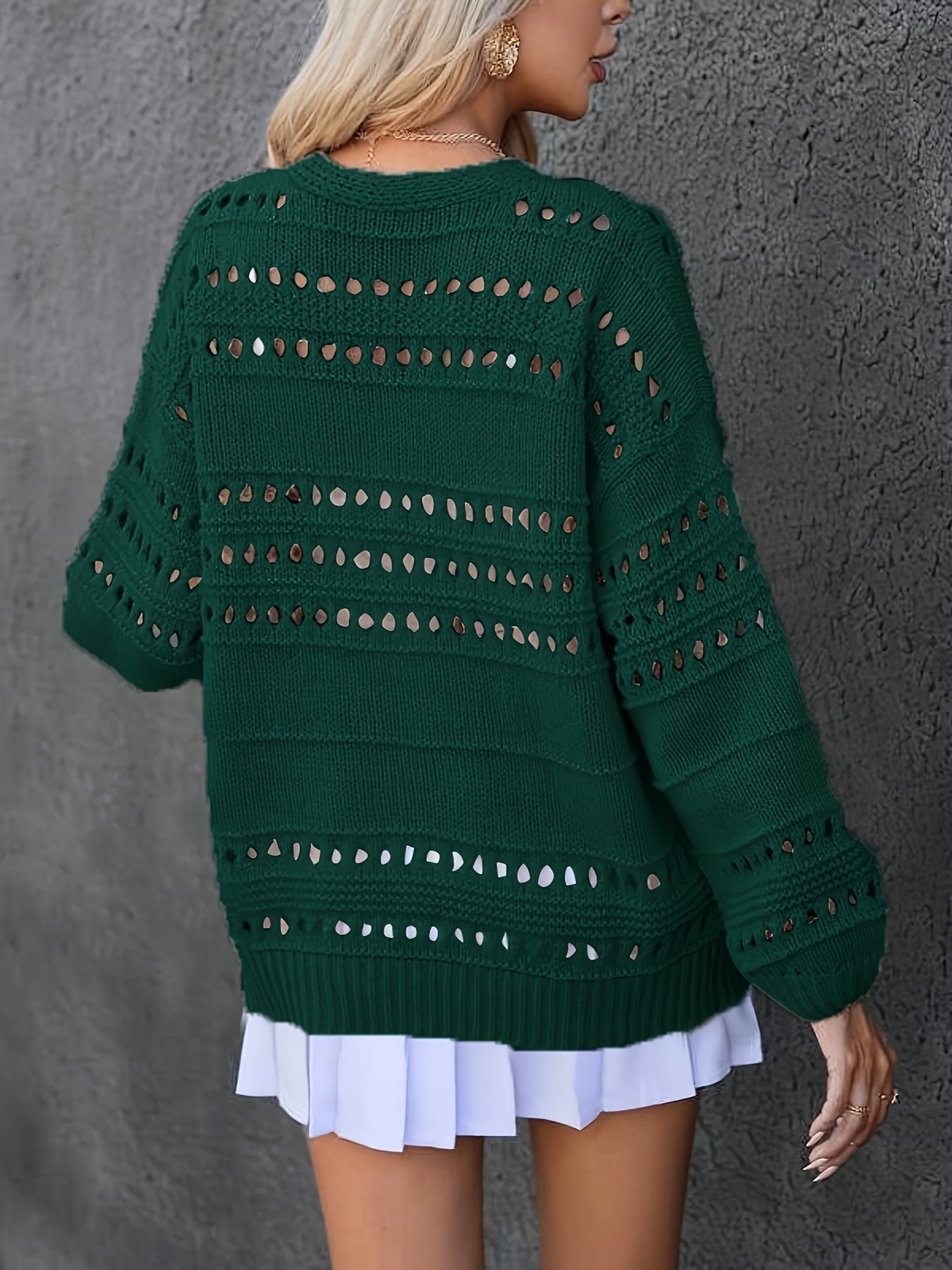  Casual Cardigan Women's Plus Solid Pointelle Knit Hollow Out Long Slee