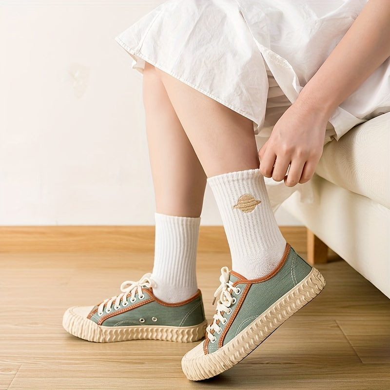5 Pairs Planet Embroidery Print Socks Women's Mid Tube Stockings