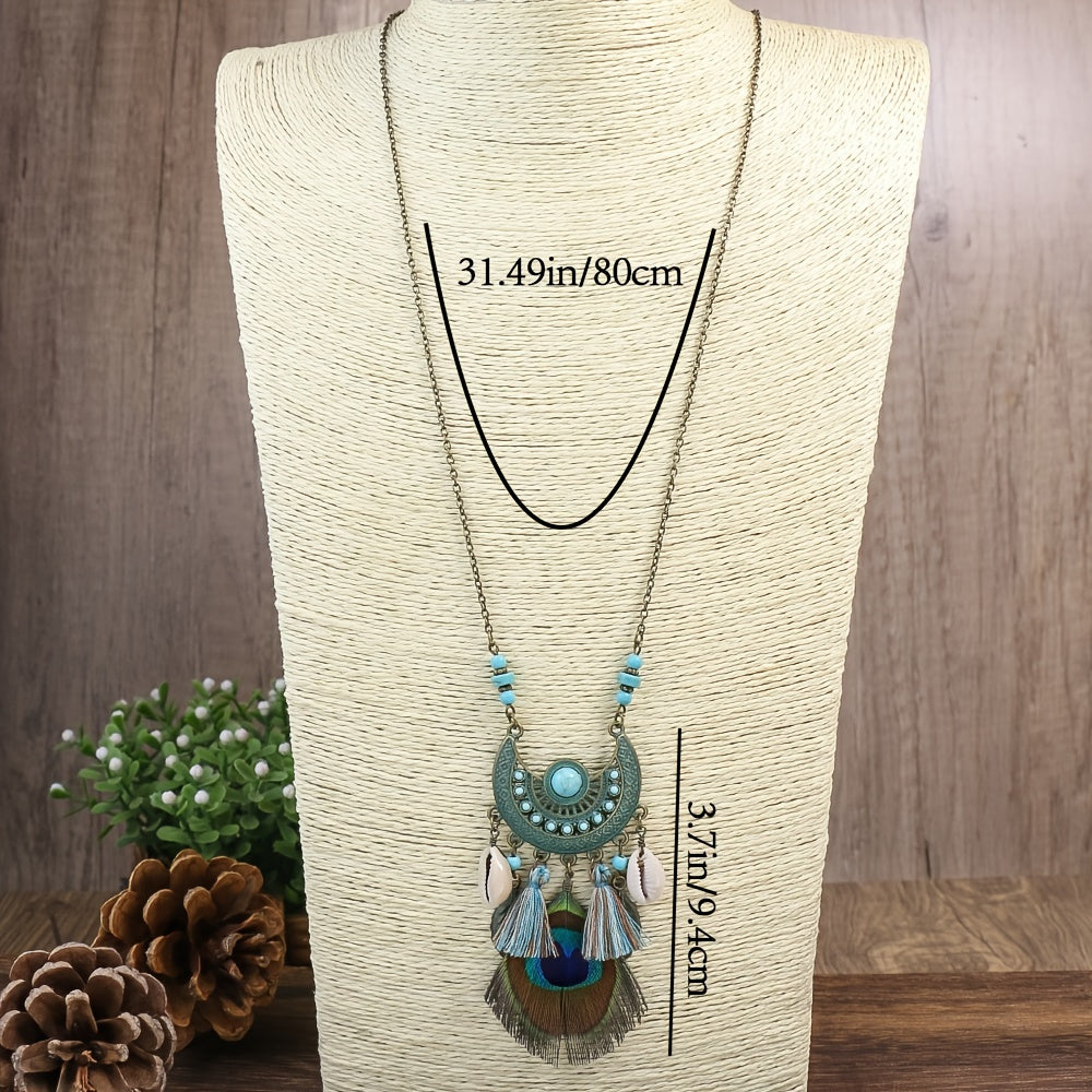 Boho Style Pendant Necklace Feather Tassel & Shell Pendant