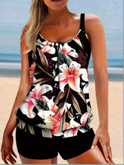  Floral Print Tankini Set Women's Plus Swimsuit Two Piece
