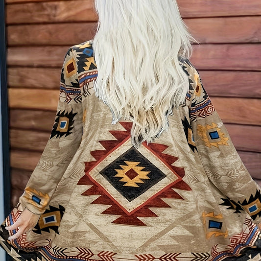  Geometric Print Long Sleeve Open Front Cardigan