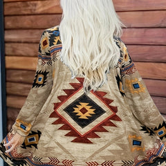  Geometric Print Long Sleeve Open Front Cardigan
