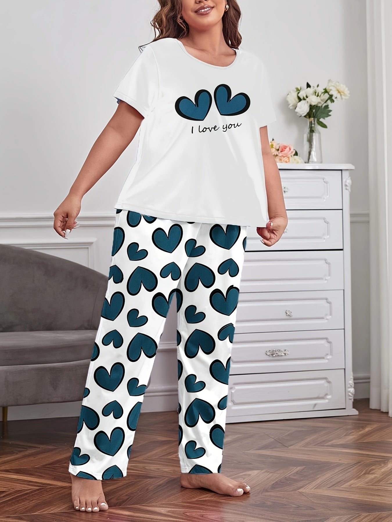  Casual Pajamas Set Women's Plus Slogan & Heart Pattern