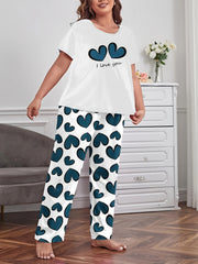  Casual Pajamas Set Women's Plus Slogan & Heart Pattern
