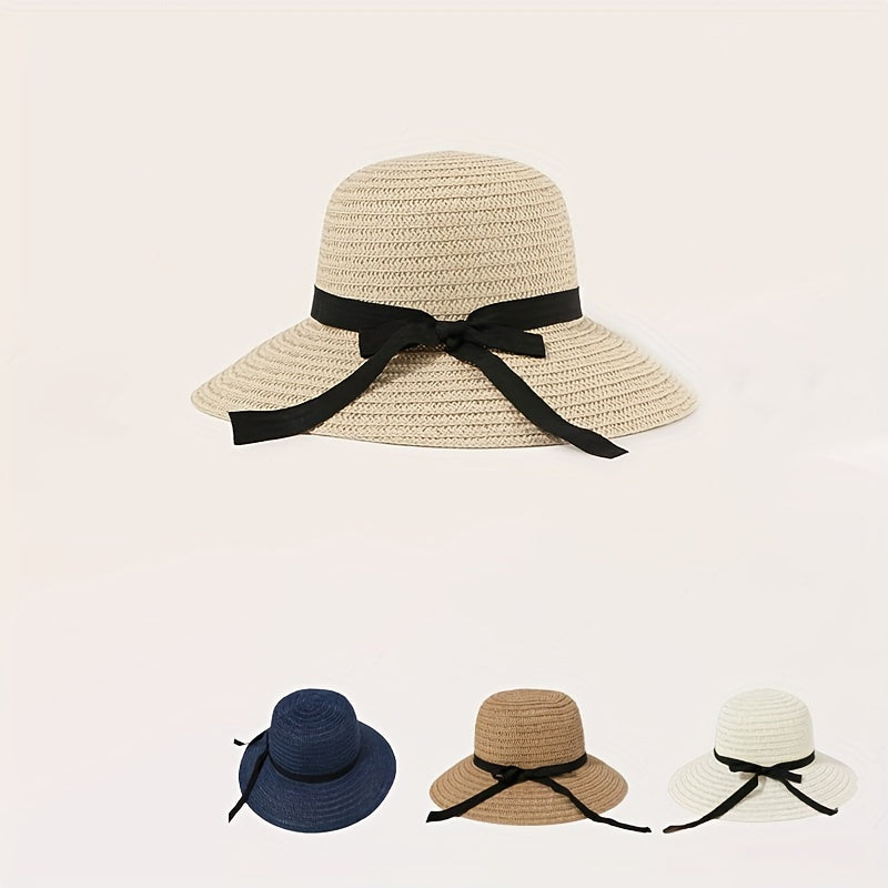 Wide Brim Straw Sun Hat with Ribbon Bowknot Decoration