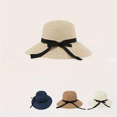 Wide Brim Straw Sun Hat with Ribbon Bowknot Decoration