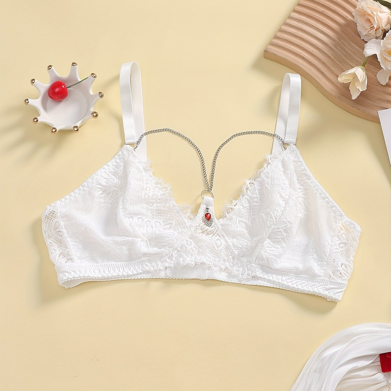  Floral Lace Rhinestone Wire-Free Soft Lingerie Bra