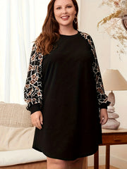  Colorblock Leopard Print Lantern Sleeve Dress