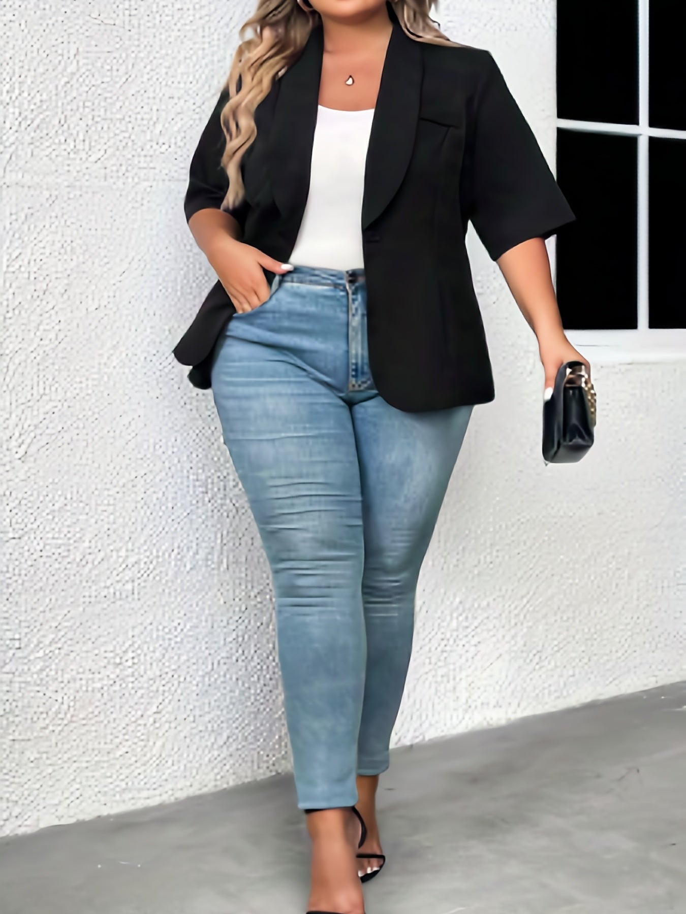  Casual Blazer Women's Solid Half Sleeve Shawl Neck Open Front Blazer
