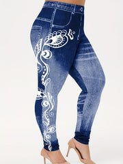  Floral & Denim Print Skinny Leggings