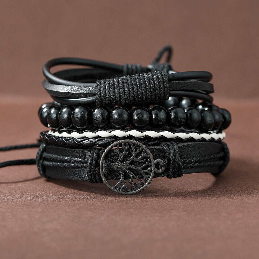 4pcs Set Men's Braided Leather Bracelets Vintage Tree Rudder Charm Brown