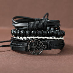 4pcs Set Men's Braided Leather Bracelets Vintage Tree Rudder Charm Brown
