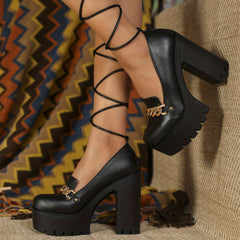 Metal Chain Decor Heels Lace Up Platform Pumps Women's Shoes