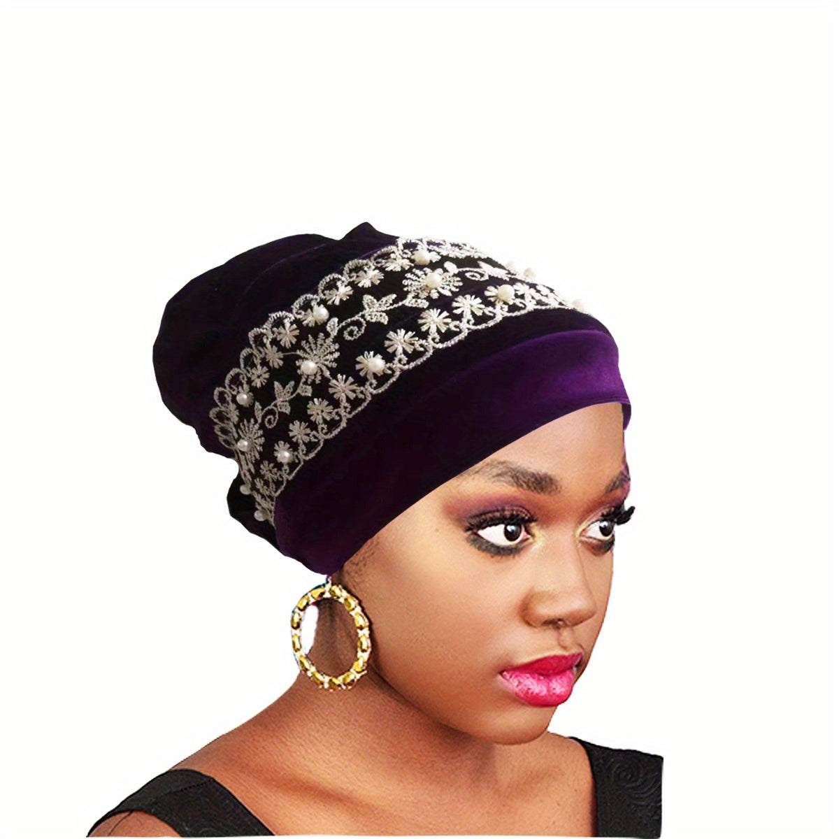 Velvet Lace Turban Cap Faux Pearl Head Wrap