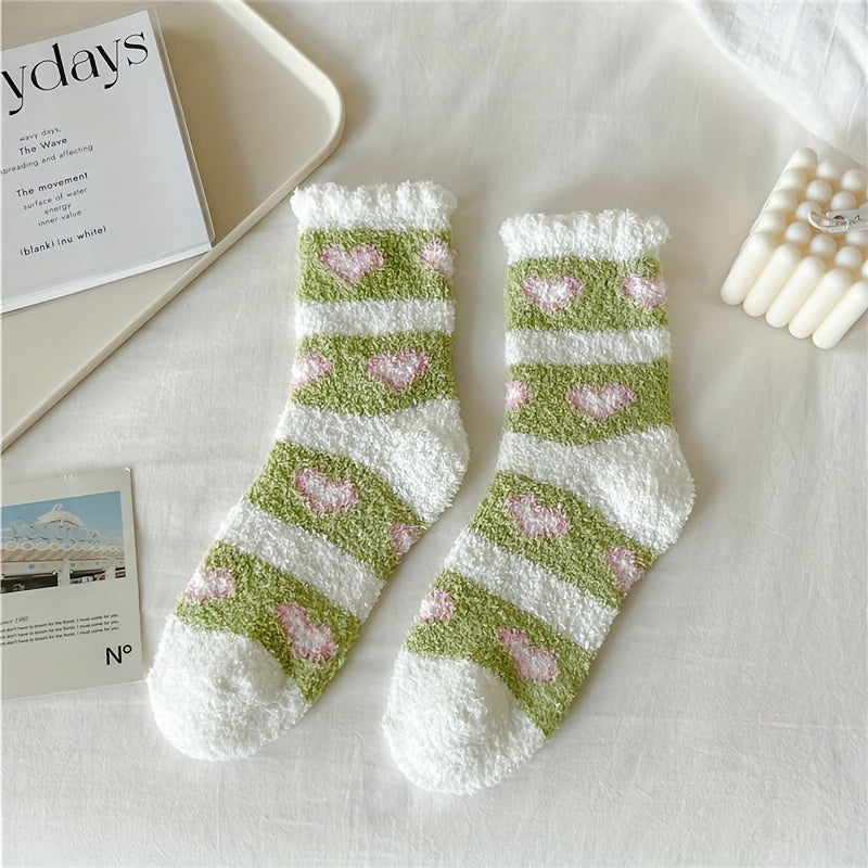 6 Pairs Heart & Stripe Pattern Plush Socks Soft Mid Tube Women's Stockings