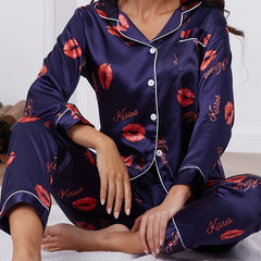 Lips & Letter Print Pajama Set Long Sleeve Top & Pants Women's Sleepwear