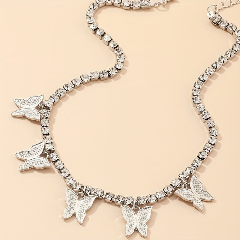 Double Row Butterfly Rhinestone Necklace