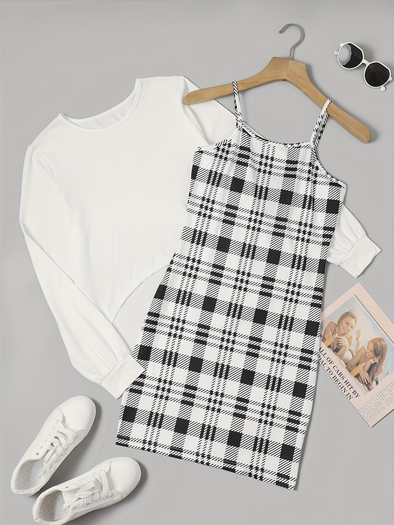  2 Piece Set Long Sleeve Top & Plaid Print Cami Dress Outfits