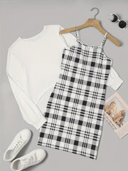  2 Piece Set Long Sleeve Top & Plaid Print Cami Dress Outfits