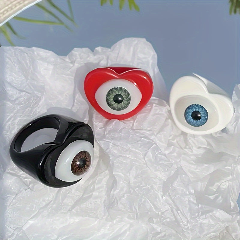 3pcs Gothic Punk Resin Acrylic Ring Evil Eyes Hearts Candy Lucky Eye Jewelry