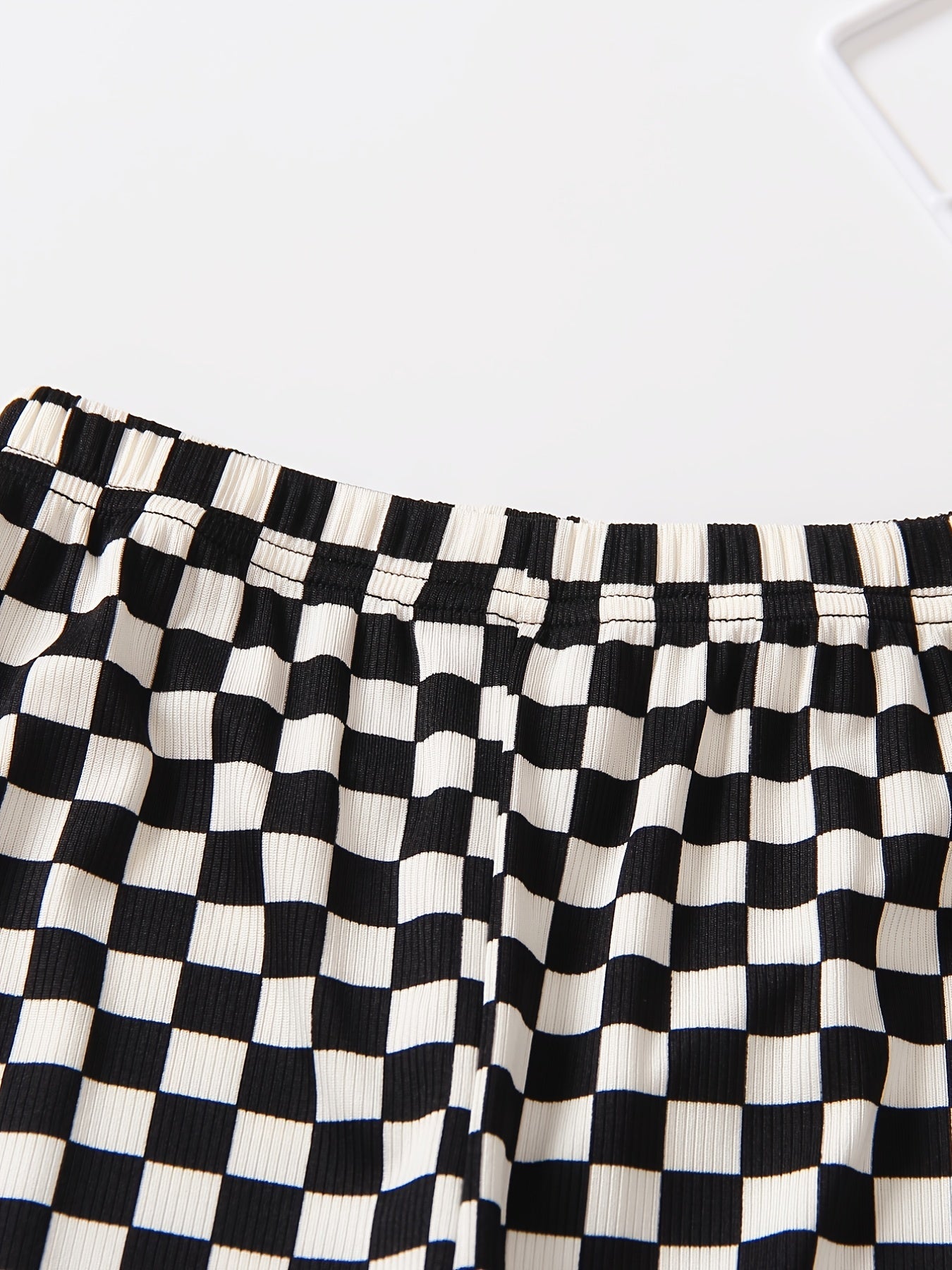 Girls Checkerboard Print Flare Leg Pants High Elastic Waist Long Trousers